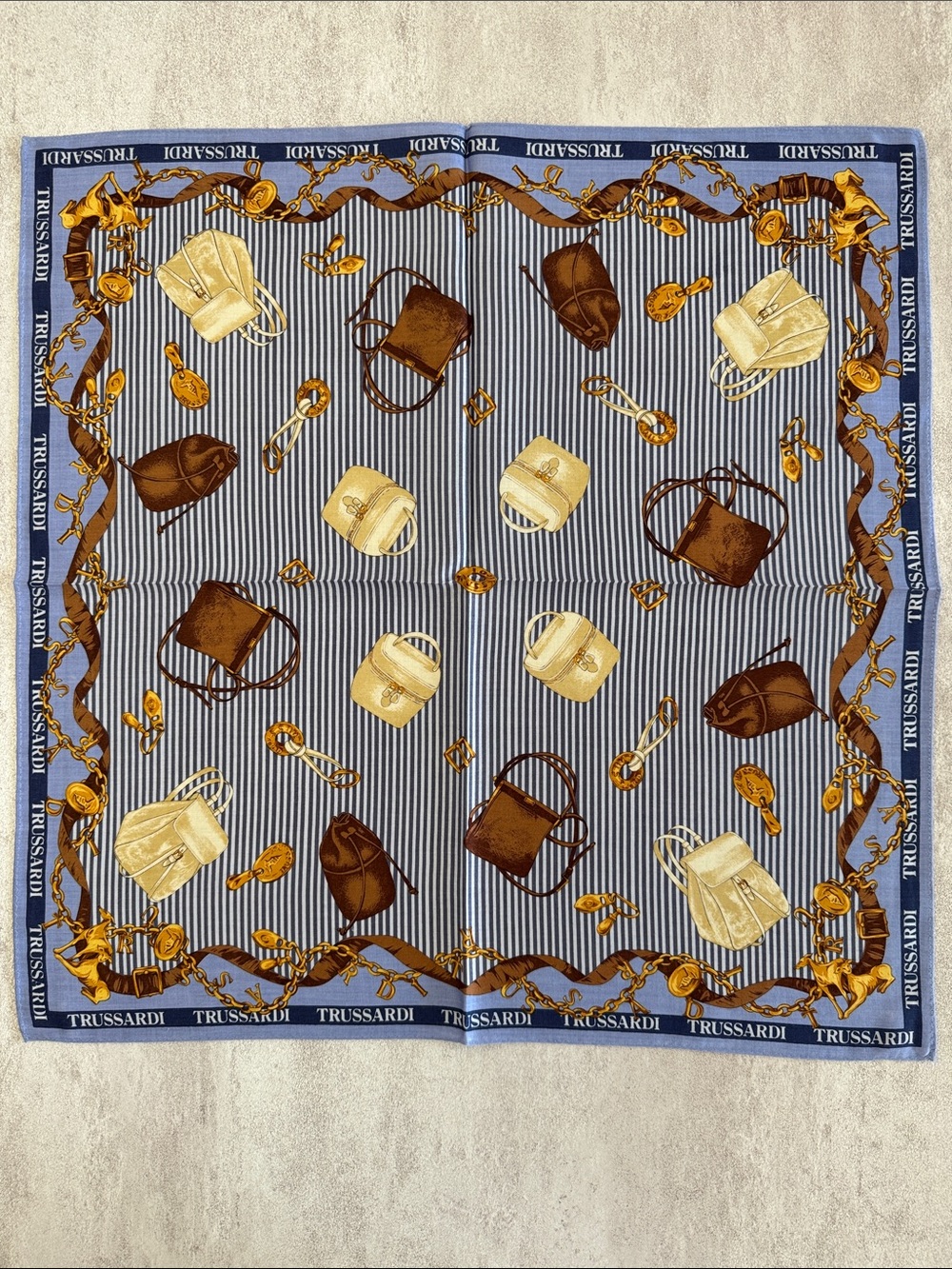 Trussardi Navy & White Striped cotton Scarf with Brown and Gold Bag Motifs